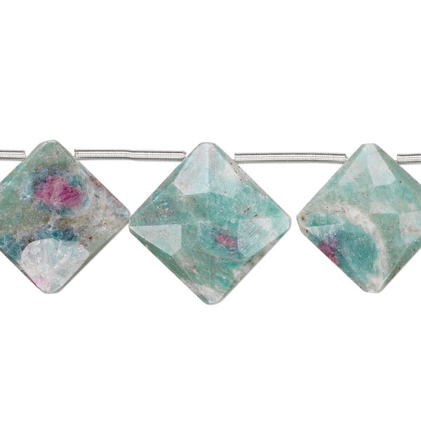 Bead, ruby in fuchsite (natural), graduated faceted 12x12mm-15x15mm diamond, grade B, Mohs hardness 2 to 3. Sold per 8-inch strand, approximately 12-14 beads. image number 0
