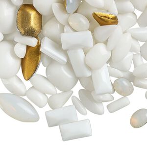 Embellishment mix, fancy stone, vintage German glass, opaque white and light grey, 7x3-15x10mm faceted mixed shapes. Sold per 2-ounce pkg, approximately 295 rhinestones.
