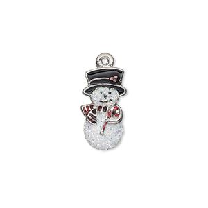 Charm, enamel and imitation rhodium-plated "pewter" (zinc-based alloy), white / black / red with glitter, 18x9mm single-sided snowman. Sold individually.