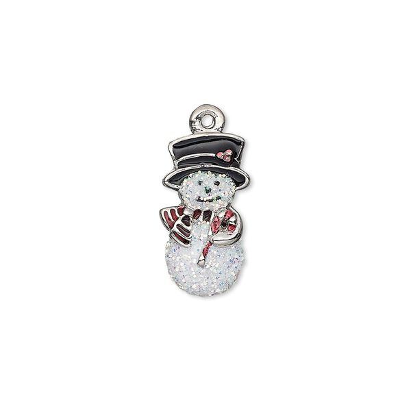 Charm, enamel and imitation rhodium-plated "pewter" (zinc-based alloy), white / black / red with glitter, 18x9mm single-sided snowman. Sold individually. image number 0
