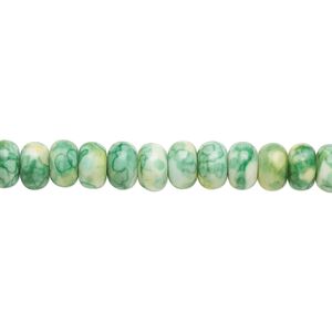 Bead, resin and painted ceramic, green / white / yellow, 6x4mm rondelle. Sold per 15-1/2" to 16" strand.