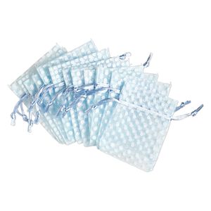 Pouch, organza, light blue and white, 4x3 inches with dots pattern and drawstring closure. Sold per pkg of 12.