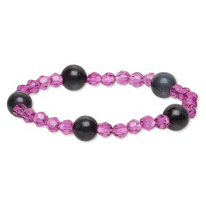 Bracelet, stretch, blackstone (dyed) and acrylic, purple, 5-6mm faceted round and 9-10mm round, 6 inches. Sold individually.