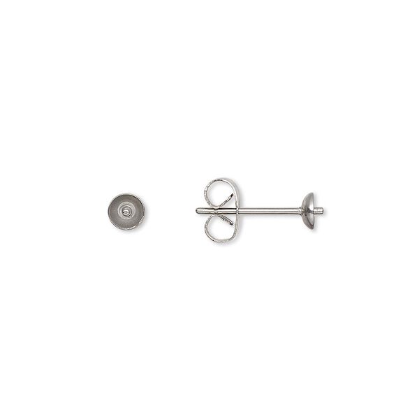 Earstud, stainless steel, 4mm cup with 2.5mm peg, fits 4-6mm half-drilled bead. Sold per pkg of 50 pairs. image number 0