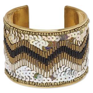 Bracelet, cuff, glass / acrylic / plastic sequin / brass, iridescent multicolored, 52mm wide with zigzag design, adjustable from 7 to 7-1/2 inches. Sold individually.