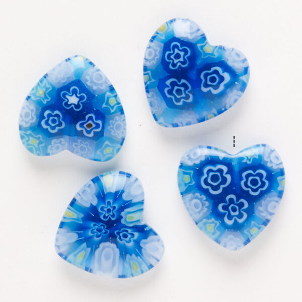 Bead, millefiori glass, pkg/4, translucent cobalt blue/ yellow/white, 18-20mm half-drilled puffed heart. image number 0