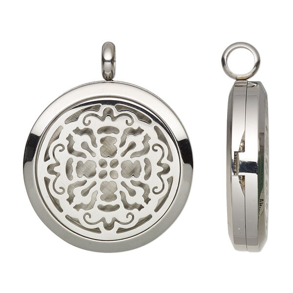 Pendant, Everyday Jewelry, stainless steel, 37x30mm hinged round locket with single-sided cutout mandala and magnetic closure. Sold individually. image number 0