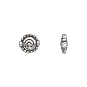 Bead, antique silver-plated "pewter" (zinc-based alloy), 10x3mm double-sided flat round spiral with beaded edge. Sold per pkg of 20.