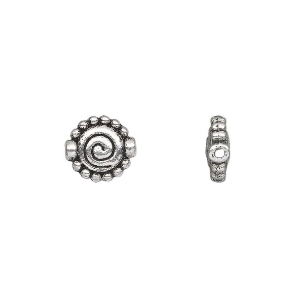 Bead, antique silver-plated "pewter" (zinc-based alloy), 10x3mm double-sided flat round spiral with beaded edge. Sold per pkg of 20. image number 0