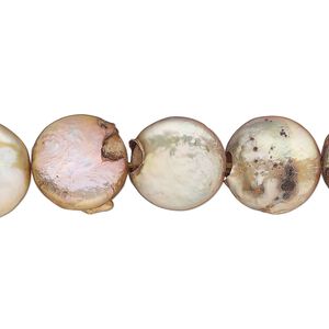 Pearl, cultured freshwater pearl (dyed), gold, 11-13mm flat round, Mohs hardness 2-1/2 to 4. Sold per 15-inch strand, approximately 30 beads.