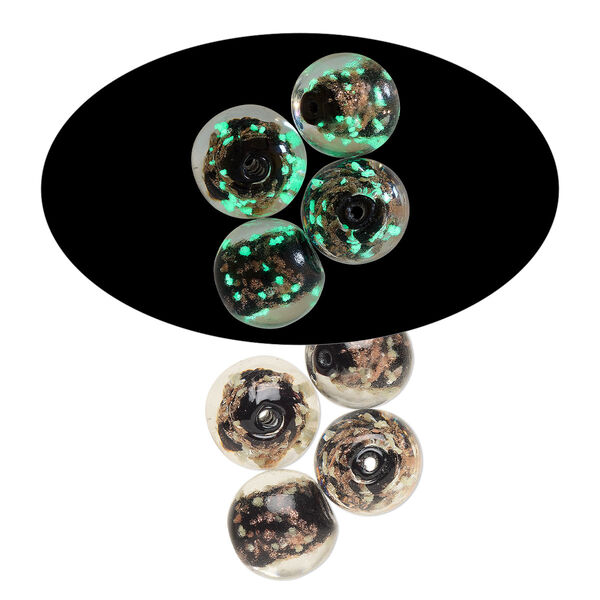 Bead, lampworked glass, black and glow-in-the-dark with gold glitter, 14mm round. Sold per pkg of 4. image number 0