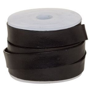 Cord, leather, black, 12mm flat. Sold per 5-yard spool.