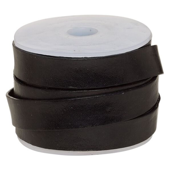 Cord, leather, black, 12mm flat. Sold per 5-yard spool. image number 0