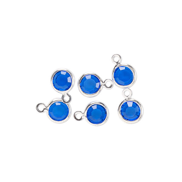Drop, glass rhinestone and silver-finished brass, sapphire blue, 6-6.5mm faceted round. Sold per pkg of 6. image number 0