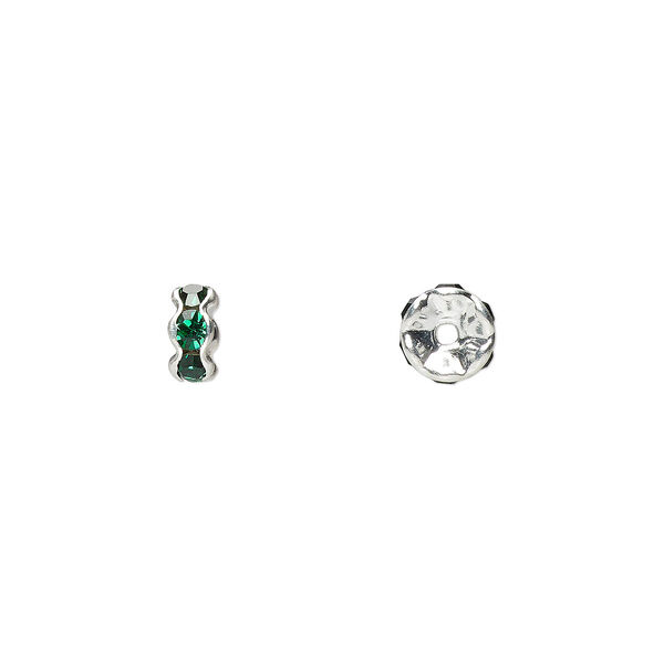 Bead, glass rhinestone and silver-plated brass, emerald green, 5x2mm rondelle. Sold per pkg of 10. image number 0