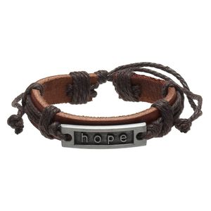 Bracelet, leather (dyed) / waxed cotton cord / antiqued "pewter" (zinc-based alloy), brown, 12mm wide with 35x10mm rectangle and "hope," adjustable from 6 to 10-1/2 inches with slip knot closure. Sold per pkg of 2.