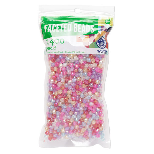 Bead mix, plastic, transparent mixed colors AB, 6mm faceted round. Sold per pkg of 1,400. image number 0