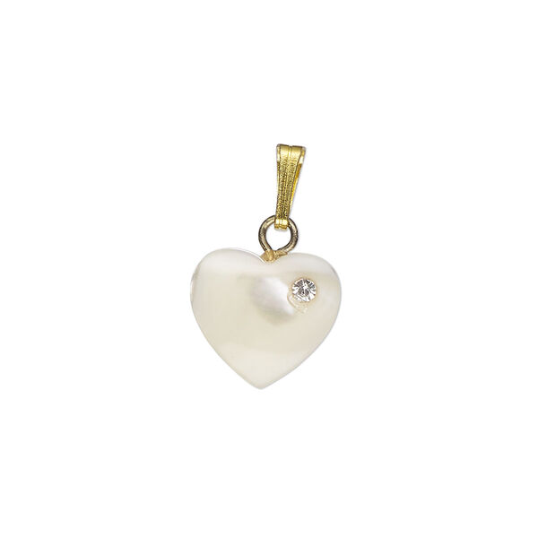Pendant, mother-of-pearl shell (bleached) / antique silver-finished "pewter" (zinc-based alloy) / glass rhinestone, clear, 12mm single-sided carved heart. Sold individually. image number 0