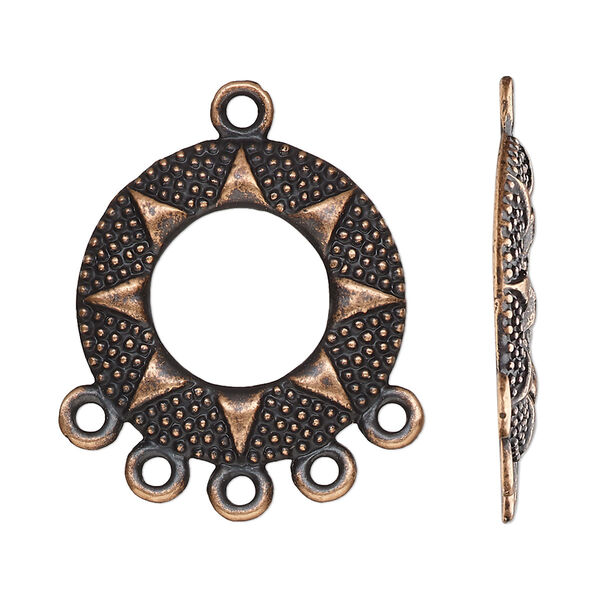 Drop, antique copper-finished "pewter" (zinc-based alloy), 24mm single-sided slightly domed open beaded round with sun design and 5 closed loops. Sold per pkg of 10. image number 0