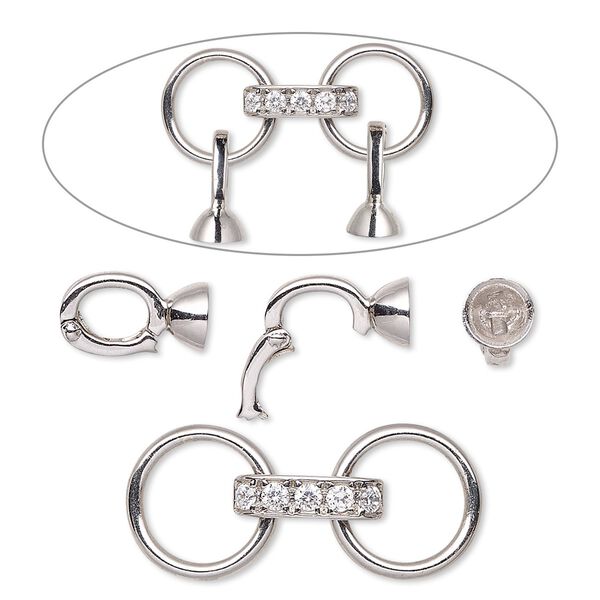 Connector, cubic zirconia and sterling silver, clear, 28x19.5mm with 11x6mm hinged bead hanger and 6mm cup, fits up to 6mm bead. Sold individually. image number 0