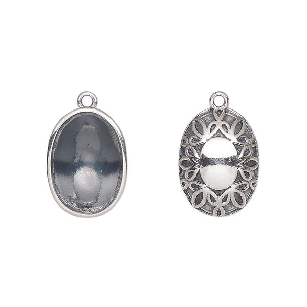 Drop, Almost Instant Jewelry®, antiqued sterling silver, 16x11.5mm oval with 14x10mm oval setting and flourish design. Sold individually. image number 0