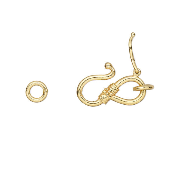 Clasp, S-hook, "vermeil", 14.5x8.5mm with rope and line design with safety latch and (2) 4.5mm closed jump rings. Sold individually. image number 0