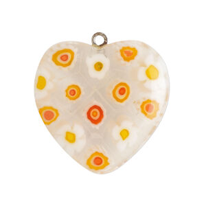 Focal 1pkg1, silver-finished steel / millefiori glass, transparent / translucent orange / multicolored, 29-31mm puffed heart.