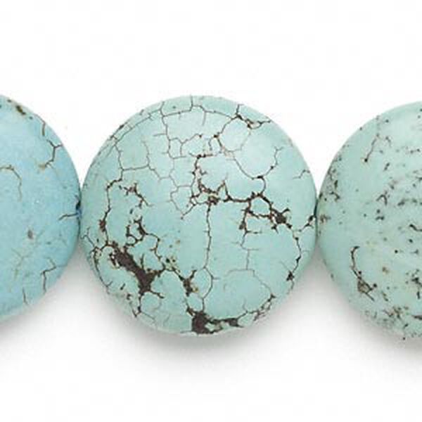 Bead, magnesite (dyed / stabilized), blue-green, 24-25mm puffed flat round, C grade, Mohs hardness 3-1/2 to 4. Sold per 16-inch strand. image number 0
