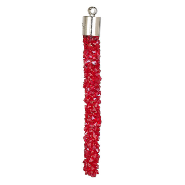 Focal, glass / resin / imitation rhodium-finished brass, red, 53x6mm stick. Sold per pkg of 4. image number 0