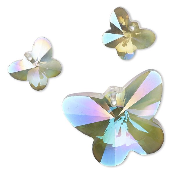 Focal and drop, glass, opaque peacock, 15x12mm and 30x23mm faceted butterfly. Sold per 3-piece set. image number 0