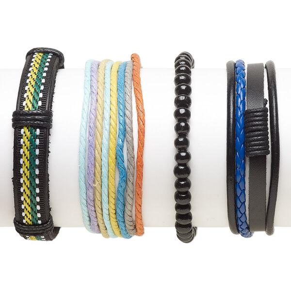 Bracelet mix, Everyday Jewelry, leather (dyed) / faux leather (dyed) / Japanese pagoda wood / waxed cotton cord, multicolored, 5-13mm wide, 7-8 inches. Sold per pkg of 4. image number 0