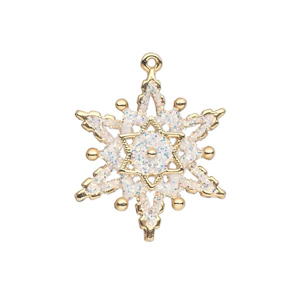 Charm, gold-finished "pewter" (zinc-based alloy) and enamel, white, 23x22mm single-sided snowflake with glitter. Sold individually. image number 0