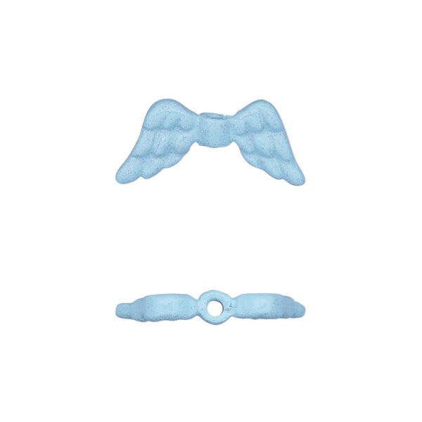 Bead, enamel and pewter (tin-based alloy), blue with glitter, 20x9mm double-sided angel wing. Sold individually. image number 0