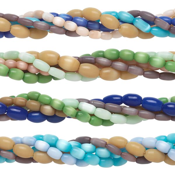 Bead mix, cat's eye glass (fiber optic glass), pkg/(5) 14 inches, 6x4mm-11x8mm oval, mixed colors. image number 0