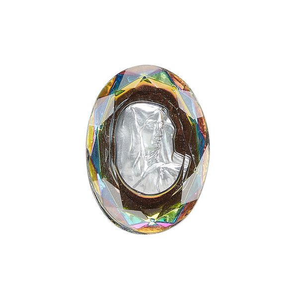 Embellishment, vintage glass, opaque clear vitrail, 25x18mm faceted oval fancy stone with Virgin Mary. Sold individually. image number 0
