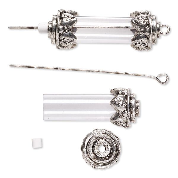 Focal, acrylic and antique silver-finished brass and "pewter" (zinc-based alloy), clear, 34x12mm with 25x8mm round tube and removable ends, 2-inch eye pin. Sold per pkg of 10. image number 0