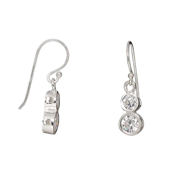 Earring, sterling silver and cubic zirconia, clear, 23mm with 4mm and 5mm faceted round with fishhook ear wire. Sold per pair. image number 0