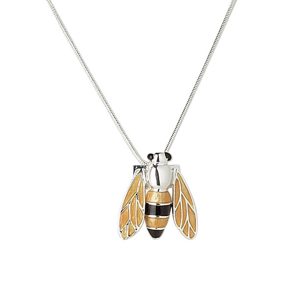 Necklace, silver-plated brass and enamel, yellow and black, 22x21mm bumblebee, 15" to 16" snake chain with 3-inch extender chain and lobster claw clasp. Sold individually. image number 0