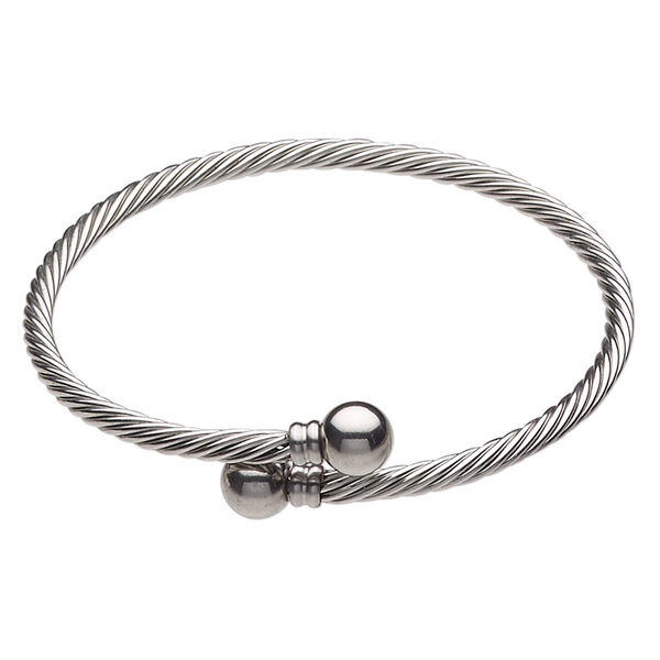 Bracelet, bangle, stainless steel, 3.5mm twisted cable, 7 inches with 8mm twist-off ball ends. Sold individually. image number 0