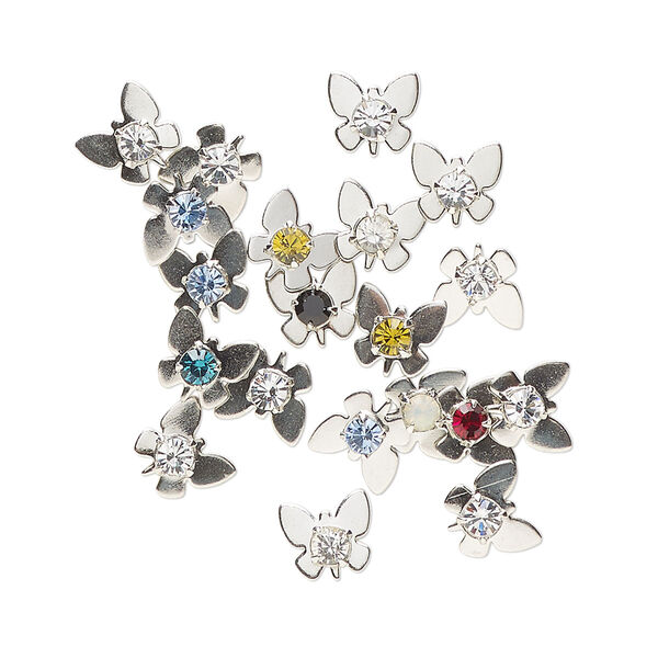 Component, Vintage Crystal™, crystal and imitation rhodium-finished brass, mixed colors, 6mm undrilled butterfly. Sold per pkg of 20. image number 0