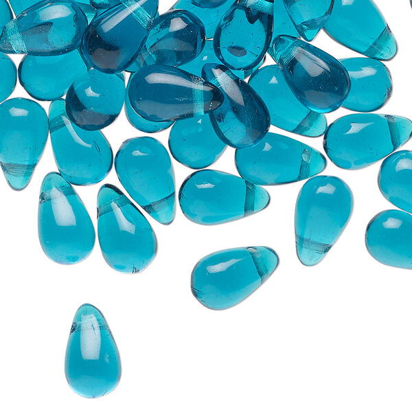 Bead, Czech glass, translucent teal, 10x6mm top-drilled teardrop. Sold per 1-ounce pkg, approximately 65 beads. image number 0