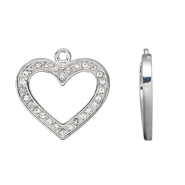 Charm, imitation rhodium-plated pewter (tin-based alloy) and Czech glass rhinestone, clear, 22x22mm open heart. Sold individually. image number 0