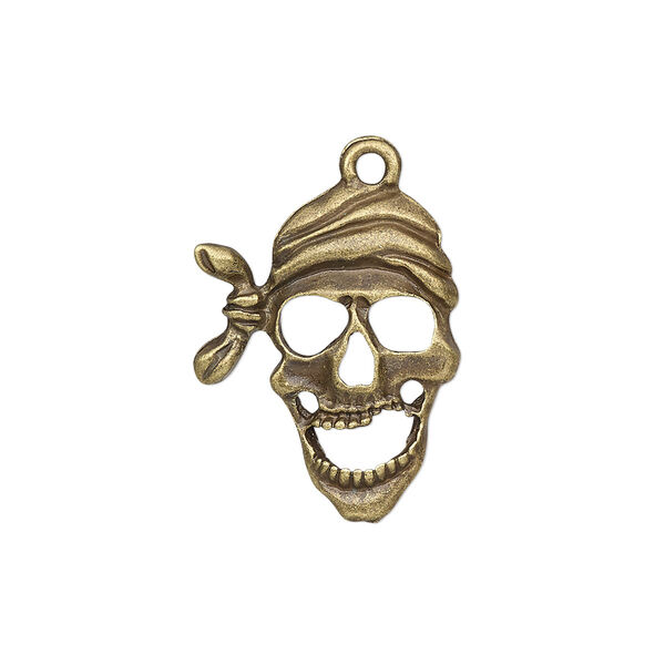 Drop, antique brass-plated "pewter" (zinc-based alloy), 24x19mm single-sided pirate skull. Sold individually. image number 0
