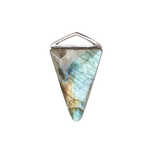 Drop, labradorite (natural) and sterling silver, 21x21x15mm-22x22x16mm hand-cut double-sided faceted triangle. Sold individually. image number 0