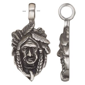 Pendant, antique pewter (tin-based alloy), 49x25mm single-sided Native American. Sold individually.