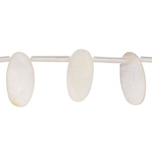 Bead, mother-of-pearl shell (bleached), white, 15x5mm-16x7mm top-drilled flat oval, Mohs hardness 3-1/2. Sold per 15-inch strand, approximately 25 beads.