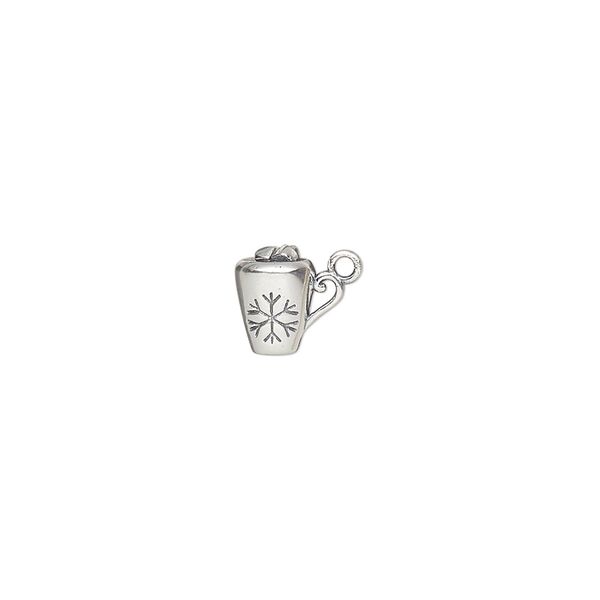Charm, antiqued sterling silver, 9x8mm 3D mug with snowflake design. Sold individually. image number 0