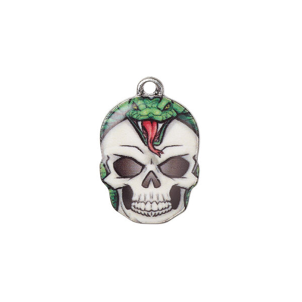 Charm, resin and antique silver-plated "pewter" (zinc-based alloy), multicolored, 19x14.5mm single-sided skull with snake design. Sold individually. image number 0