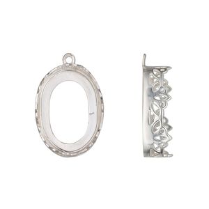 Drop, sterling silver, 19.5x14mm oval with decorative trim and open back with 18x13mm oval cabochon bezel setting. Sold individually.