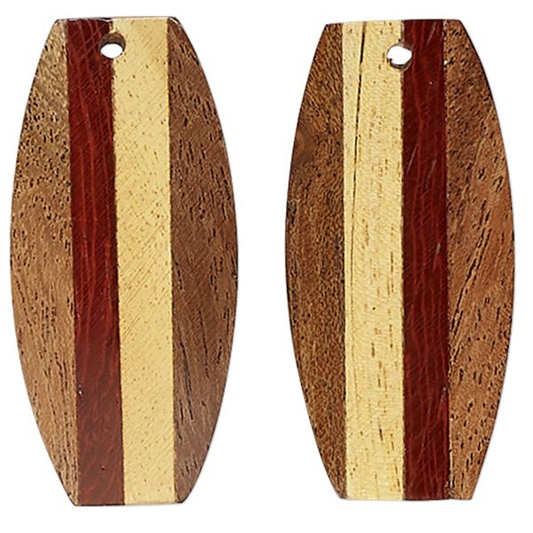 Focal, mango wood (dyed/assembled), brown / tan / red, 41x21mm-39x19mm double-sided top-drilled flat oval. Sold per pkg of 2. image number 0